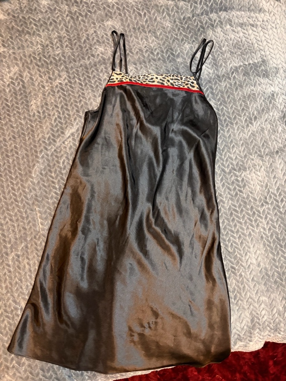 delicates Black Satin Slip with Leopard Trim and Red Accents